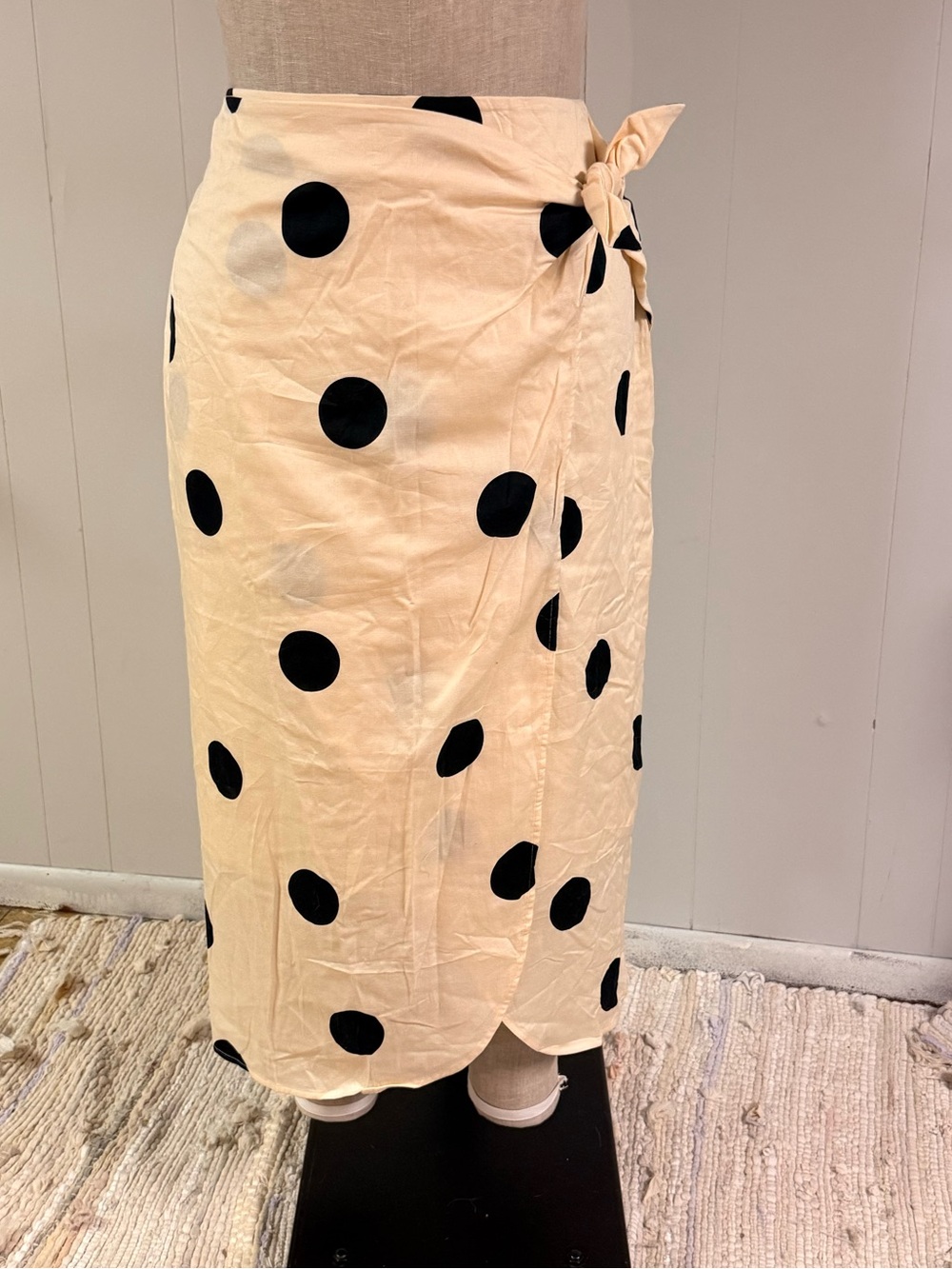 Cream Polka Dot Wrap Midi Skirt with Side Tie